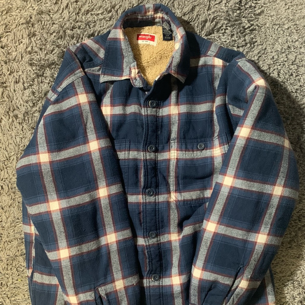 Wrangler Men's Size Small Denim Jean Shirt Jacket Faux Sherpa Lined Button Up